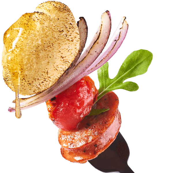 A bite of lion's mane deconstructed sheet-pan pizza on the tip of a fork