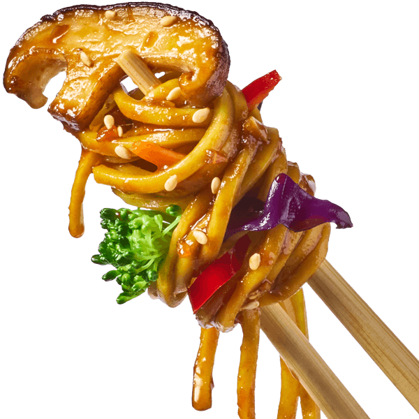 A bit of stir-fried noodles with Shiitake and veggies at the tip of chopsticks